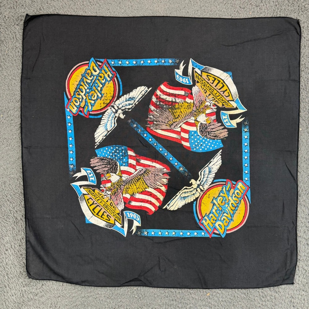 Vintage 80s Harley Davidson Bandana Black Eagle American Flag Graphic Headscarf